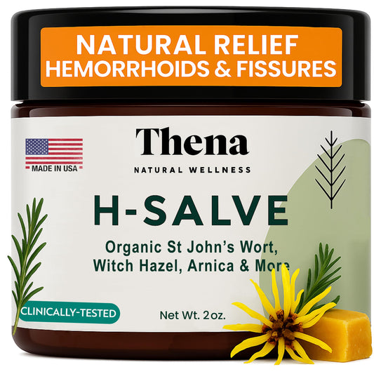 THENA Natural Wellness Intense Hemorrhoid Cream bottle closeup highlighting external relief