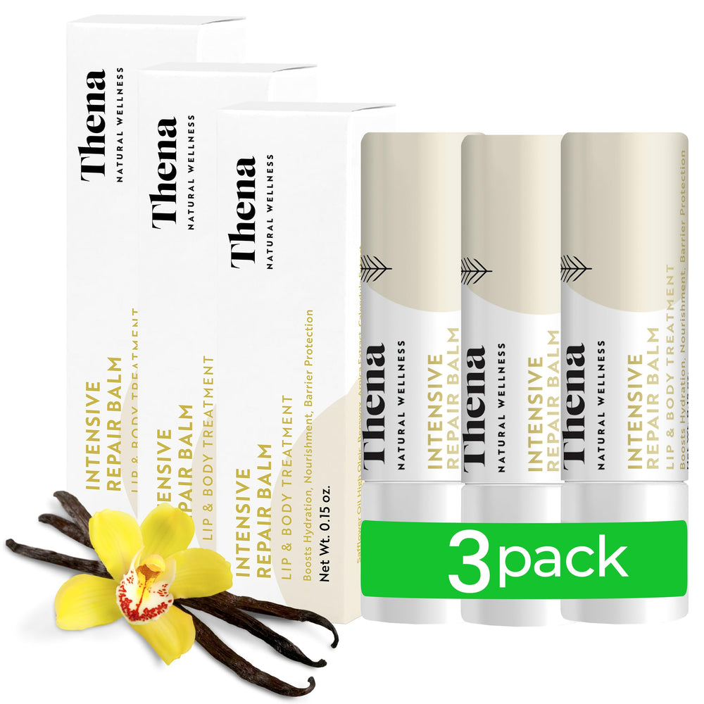 THENA Natural Wellness organic lip balm with vanilla-shea butter for deep hydration and soothing lips