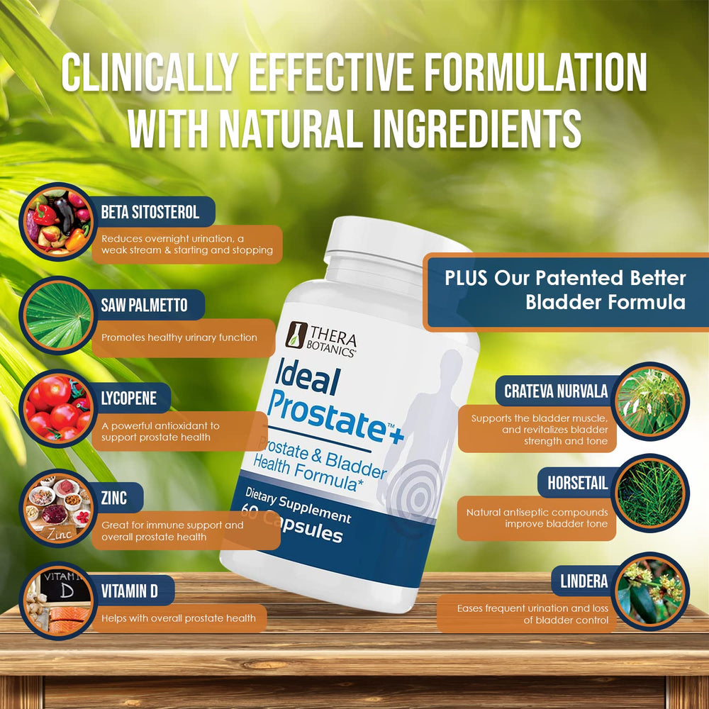Therabotanics Ideal Prostate Plus daily-use scene with capsules and food.