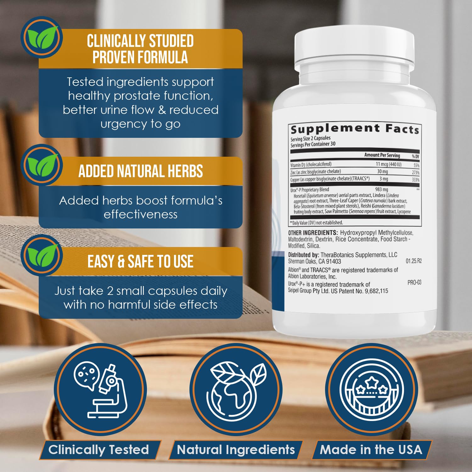 Front view of Therabotanics bottle with ingredients in focus for urinary comfort