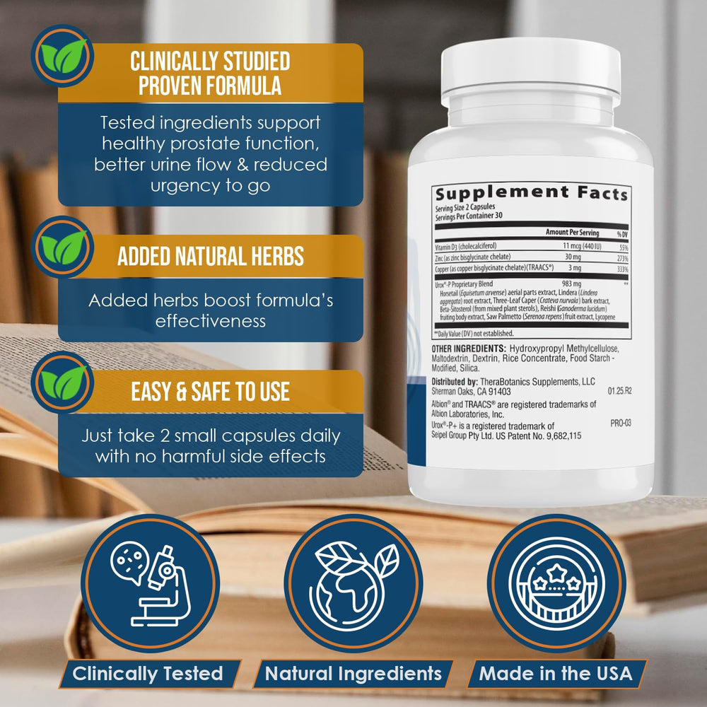 Front view of Therabotanics bottle with ingredients in focus for urinary comfort
