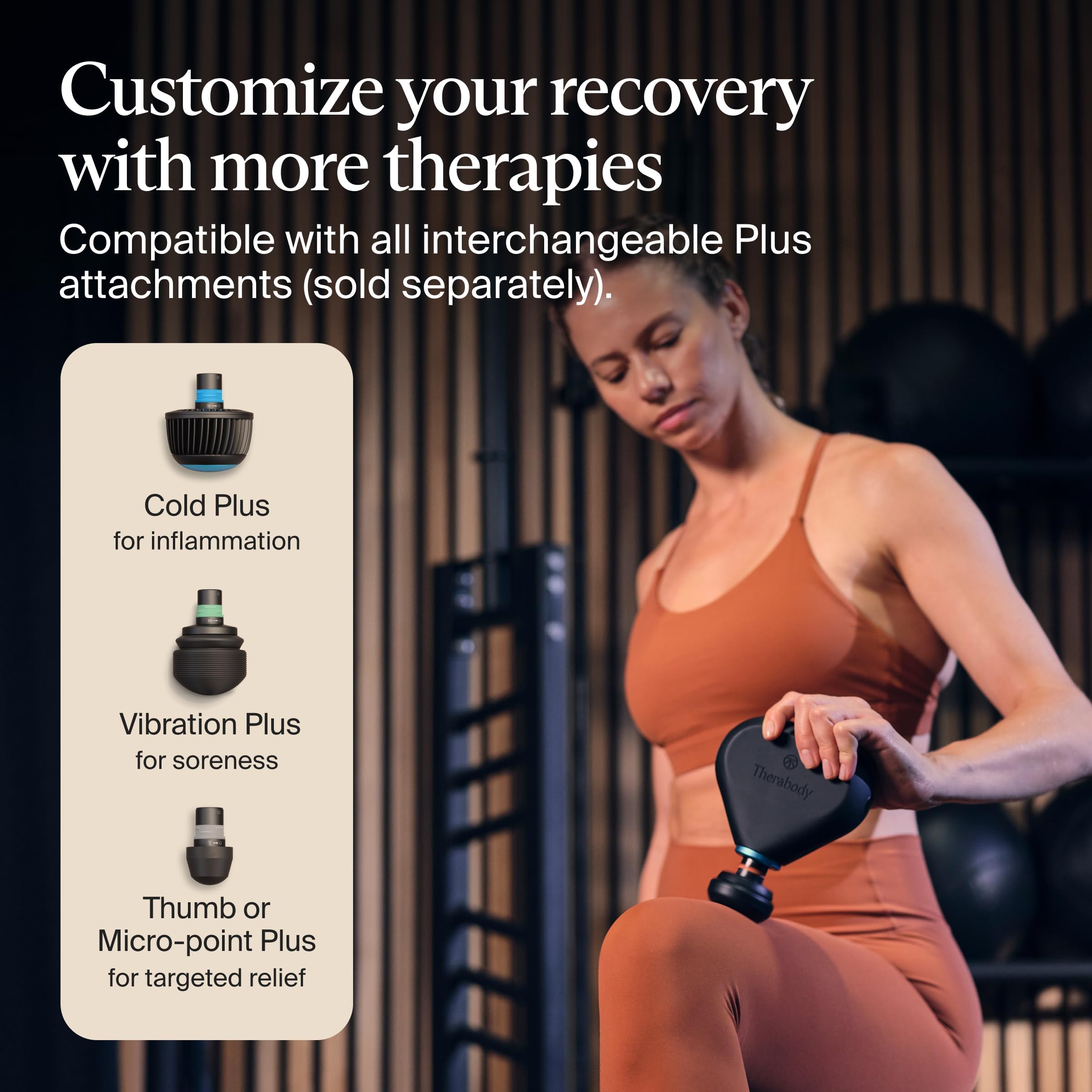 TheraGun Mini Plus attachments cold enhance relief for sore areas.