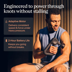 TheraGun Prime ergonomic triangle grip aids reaching back muscles.