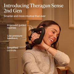 TheraGun Sense triangle grip enables easy reach for full-body use.