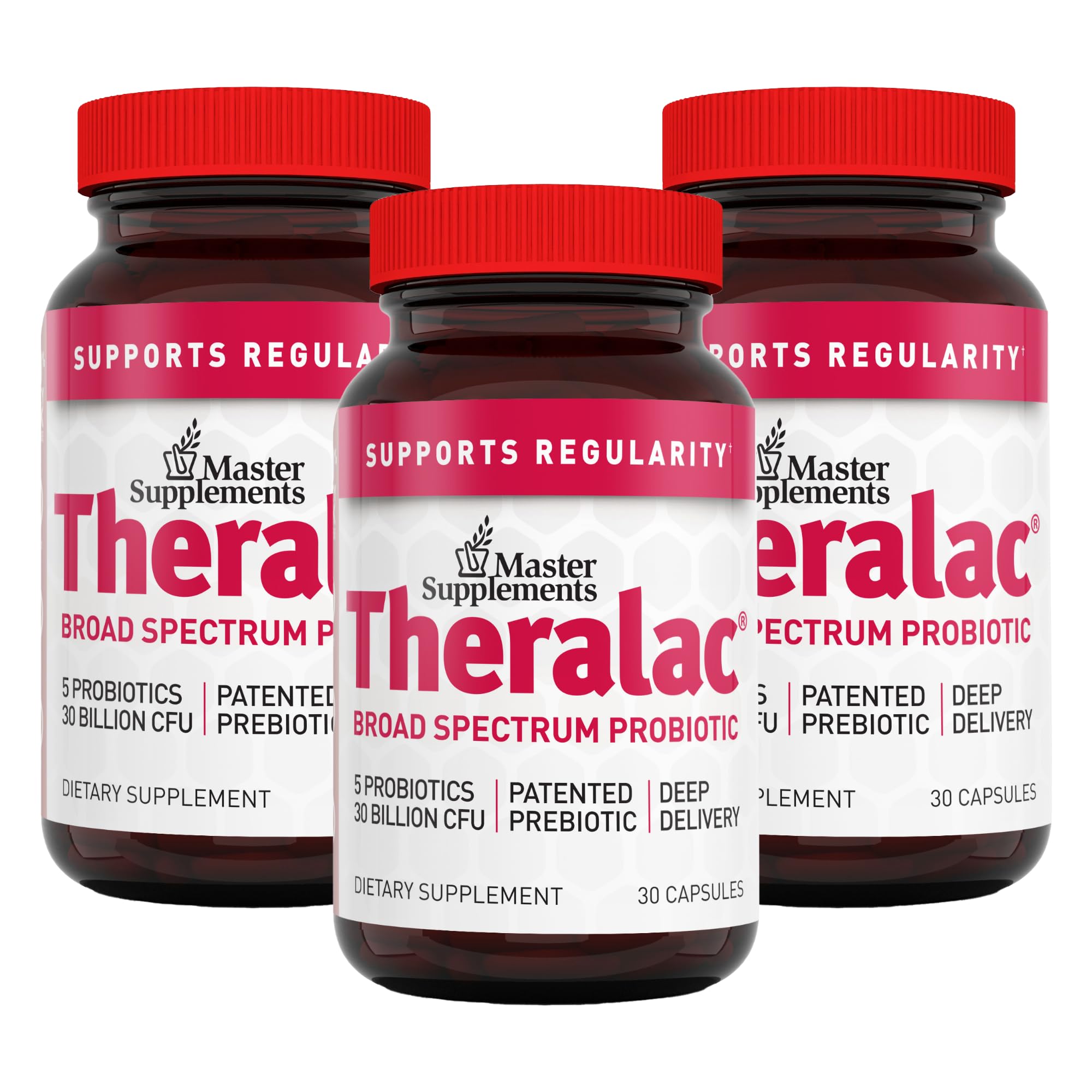 Theralac 3-pack bottle front shows a convenient multi-pack for gut health support.
