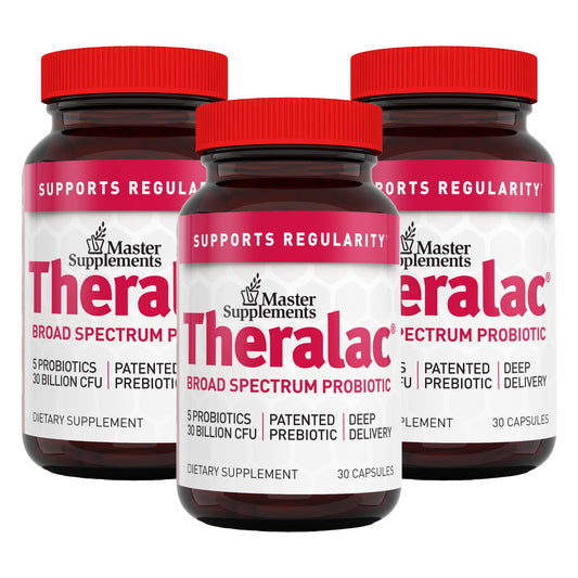 Theralac 3-pack bottle front shows a convenient multi-pack for gut health support.