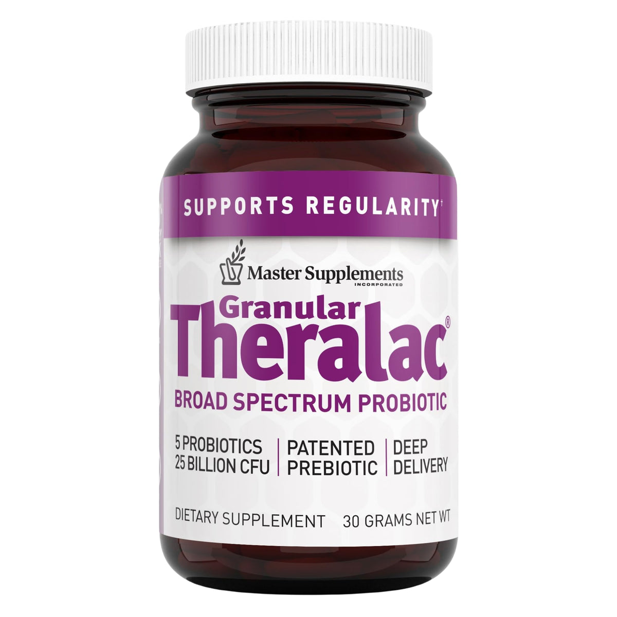 THERALAC granular probiotic powder bottle showcases gut health support.