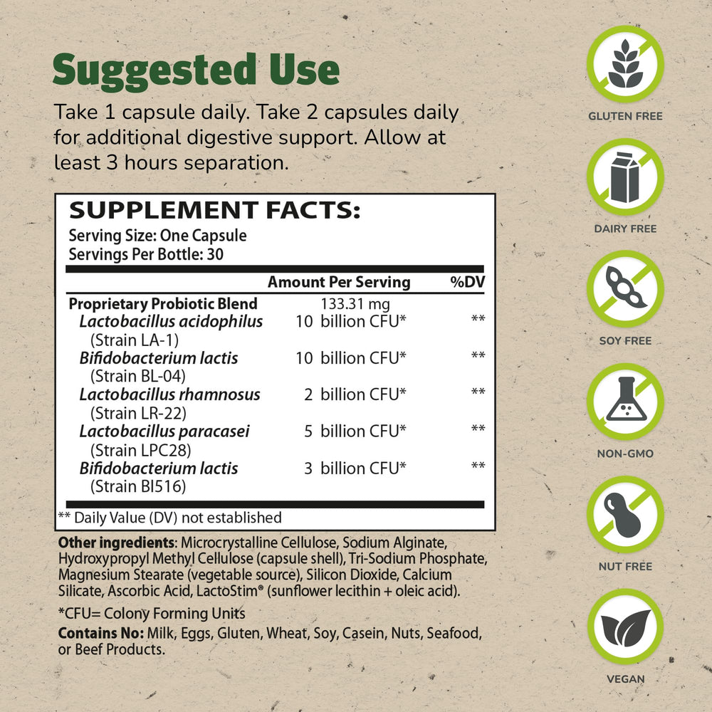 Theralac bottle label close-up highlighting vegan and gluten-free features.