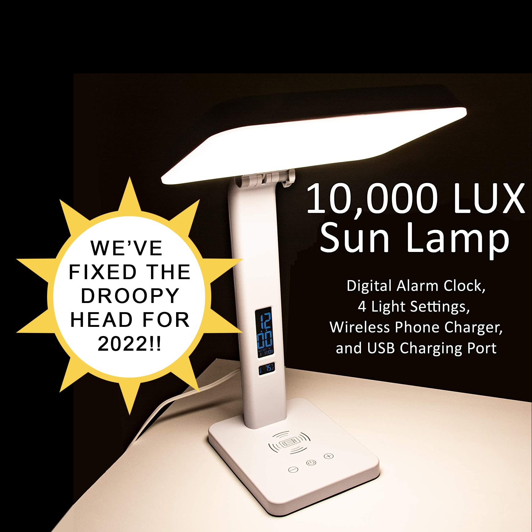 TheraLite Aura Qi 10,000 LUX white light brightening a morning workspace.