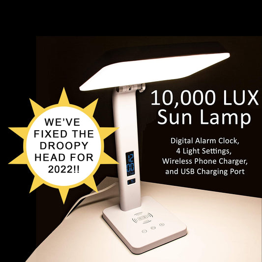 TheraLite Aura Qi 10,000 LUX white light brightening a morning workspace.