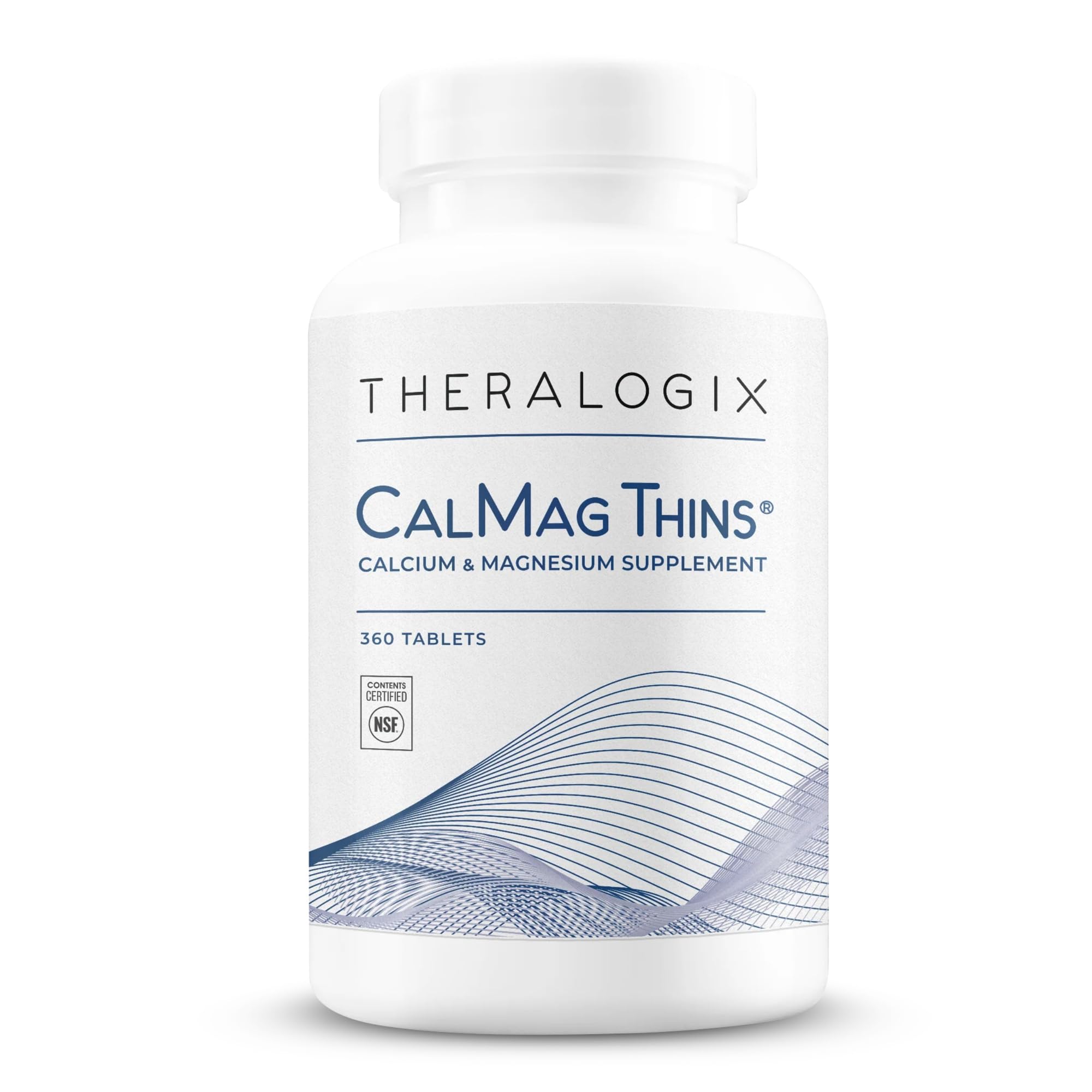 Theralogix CalMag Thins bottle front, convenient bone health support in a slim tablet.