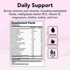 Nutrition facts panel emphasizes over 20 essential nutrients for daily balance