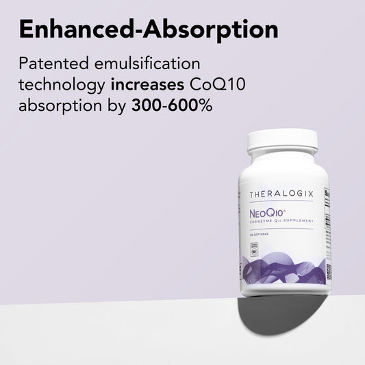 Close-up of Theralogix NeoQ10 softgels highlighting enhanced absorption.