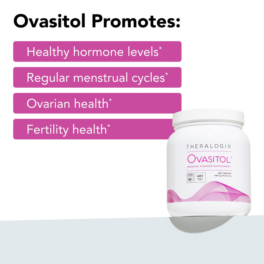 Theralogix Ovasitol 40 1 ratio bottle highlights balanced inositol blend