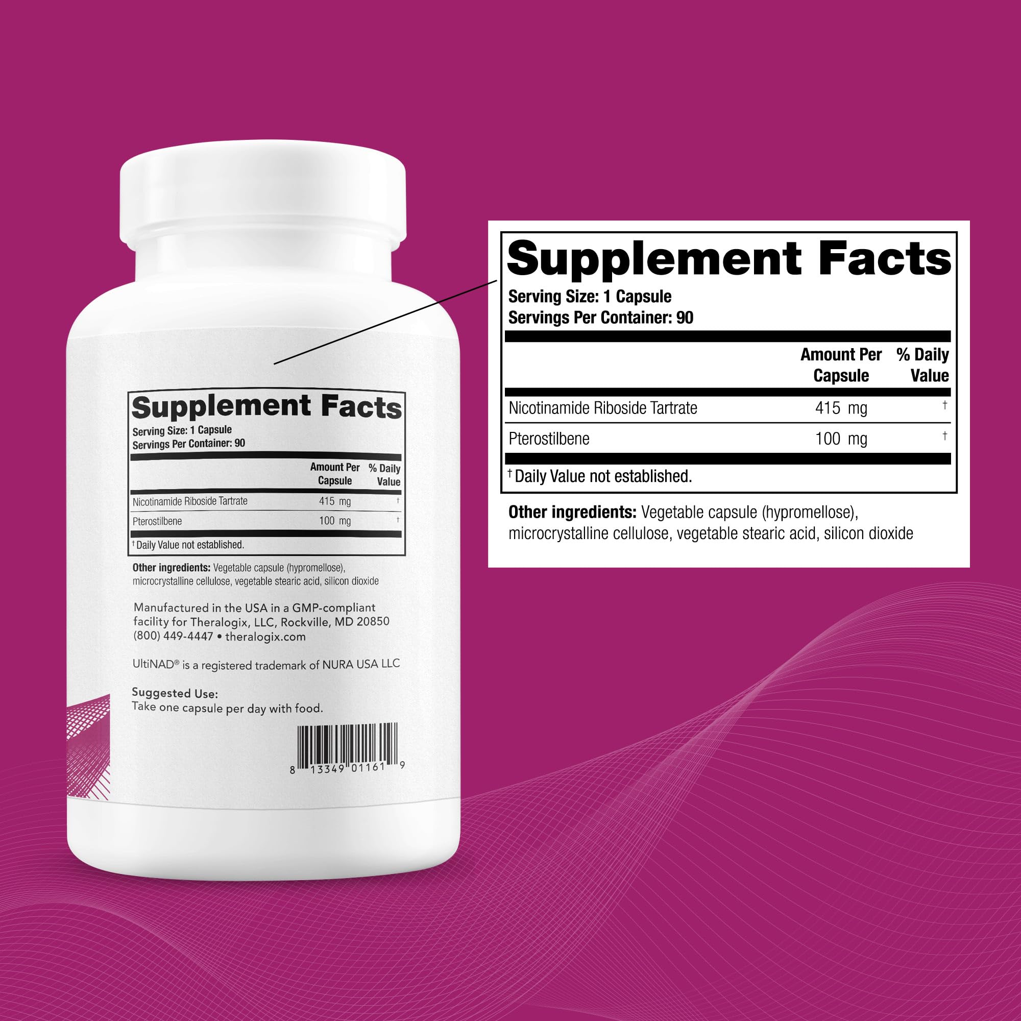 Theralogix OvaNAD+ label detail highlighting NR and Pterostilbene ingredients.