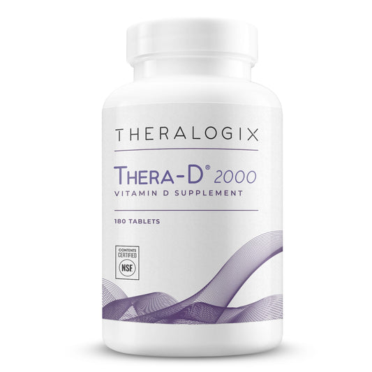 Theralogix Thera-D 2000 vitamin D3 bottle with 180 tablets ready for daily use.