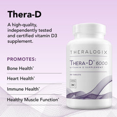 Theralogix Thera-D 6000 bottle with glass and pills for daily routine.