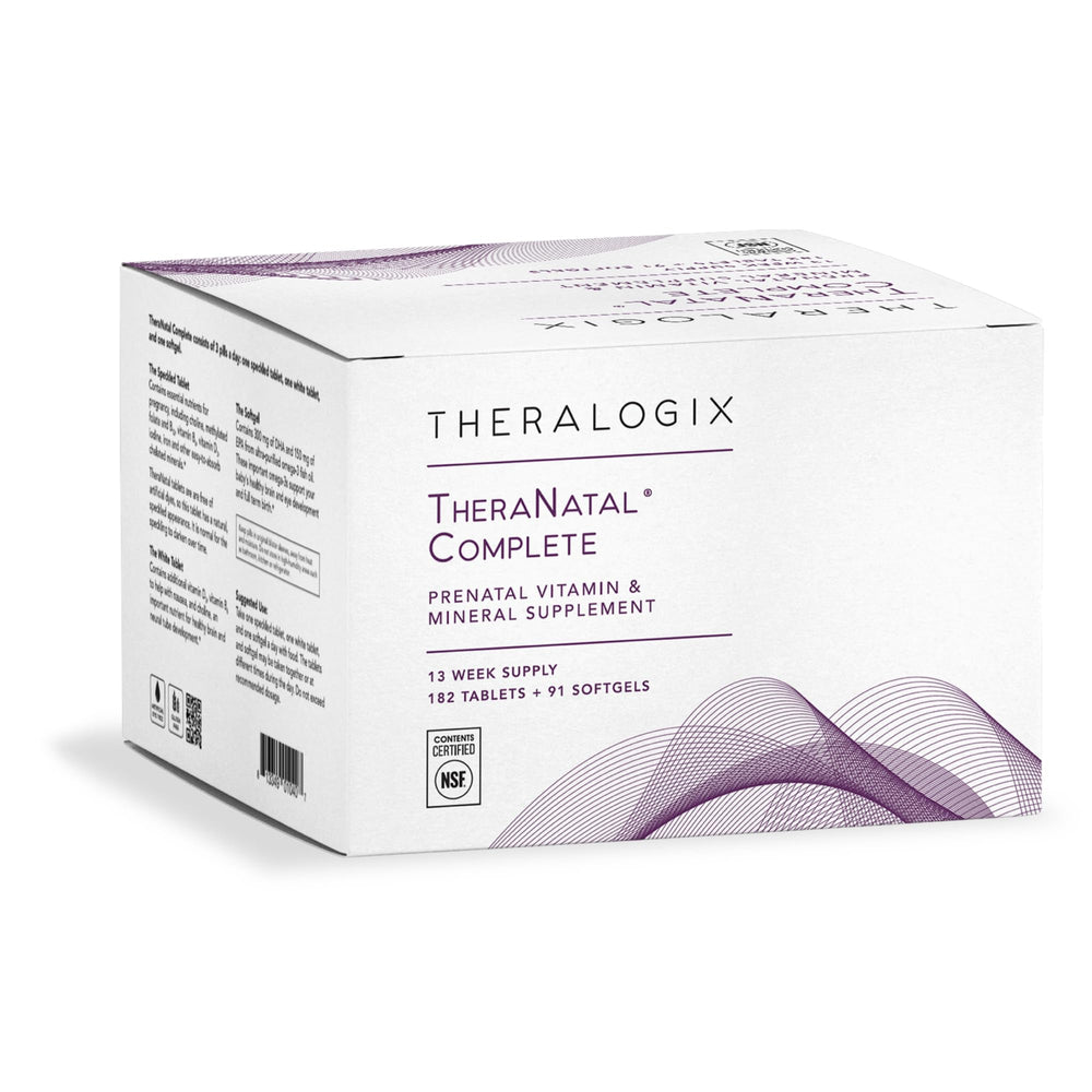 Theralogix TheraNatal bottle front showing complete prenatal support for moms