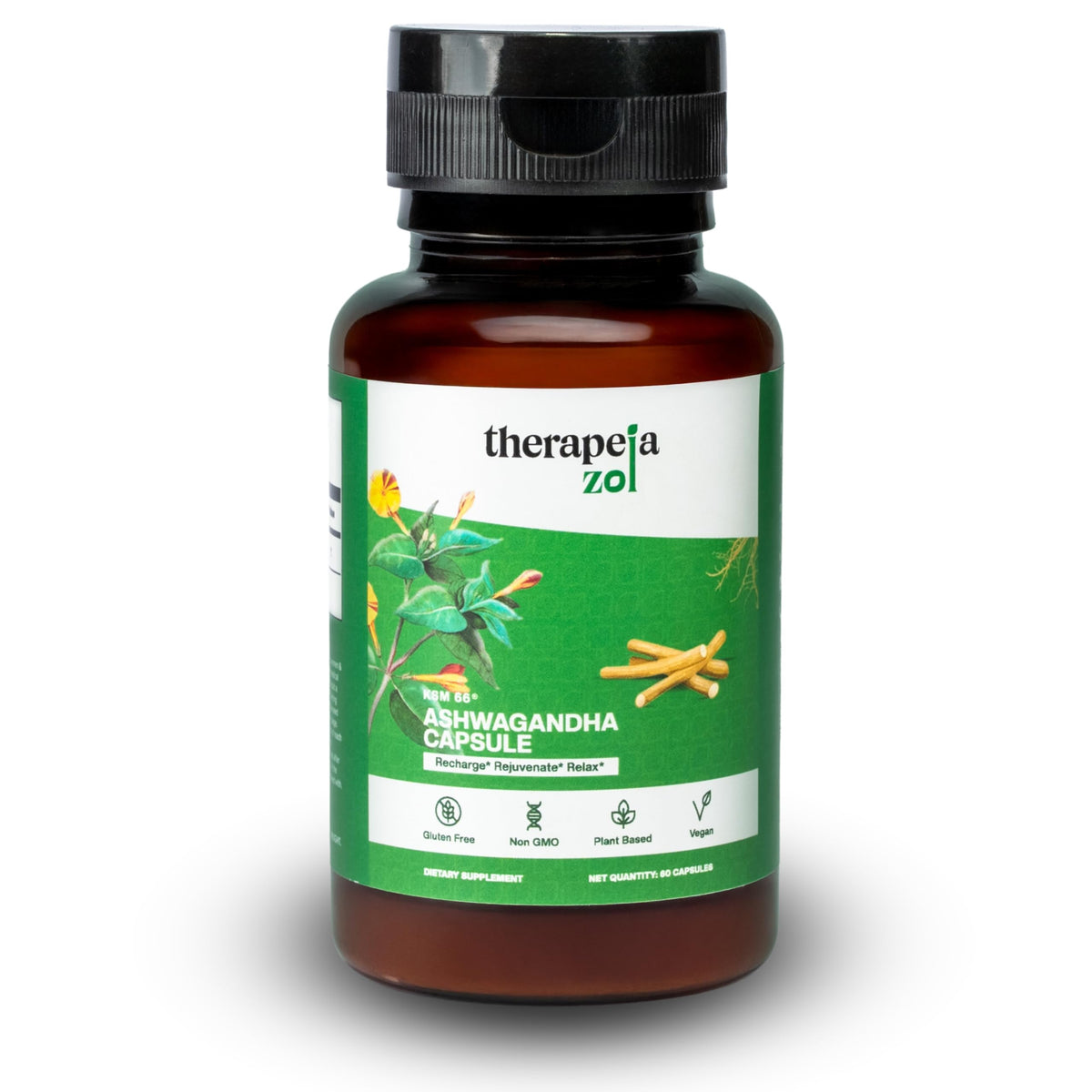 Therapeia Zoi Ashwagandha KSM-66 bottle front for stress support.