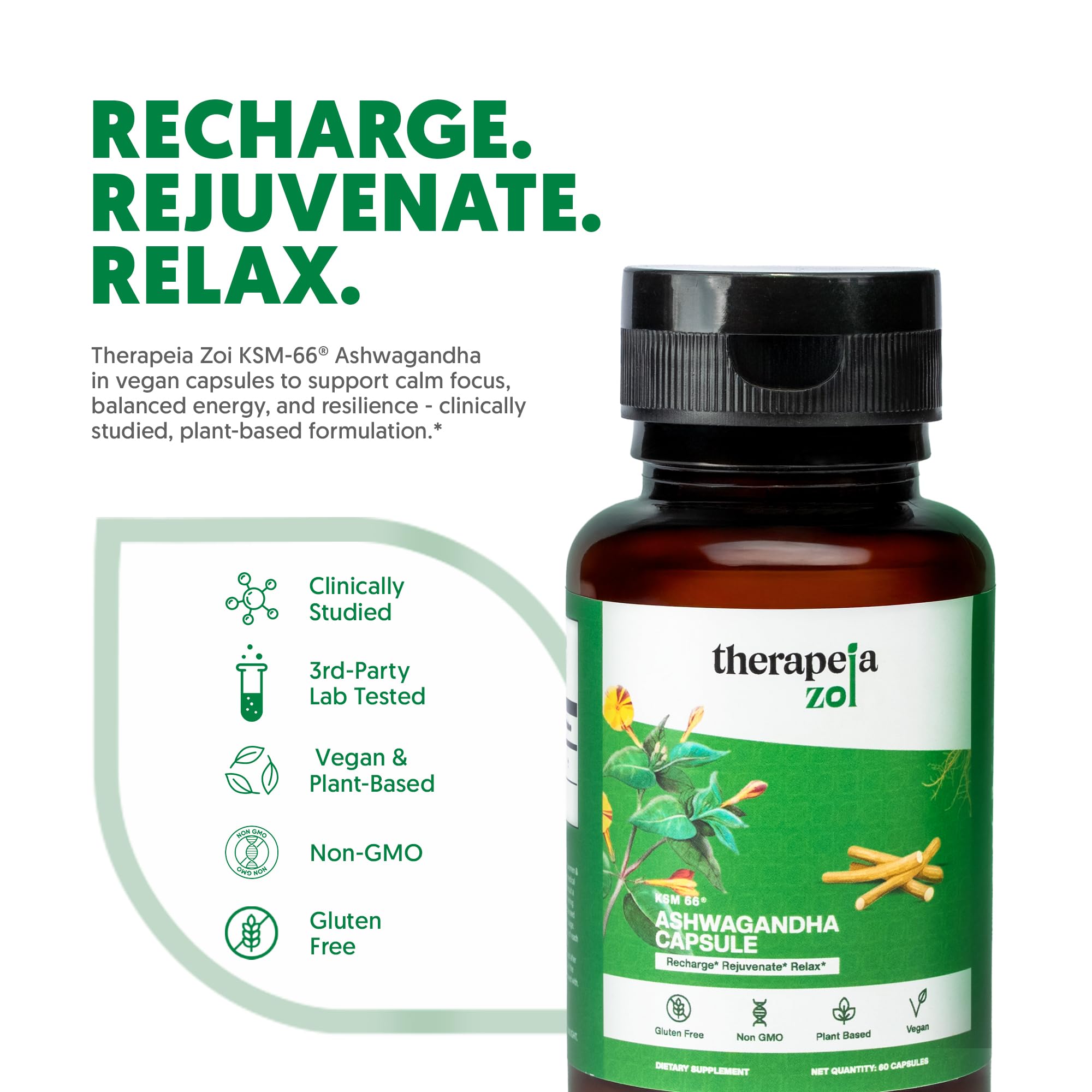 Therapeia Zoi bottle with glass promotes daily balance routine.