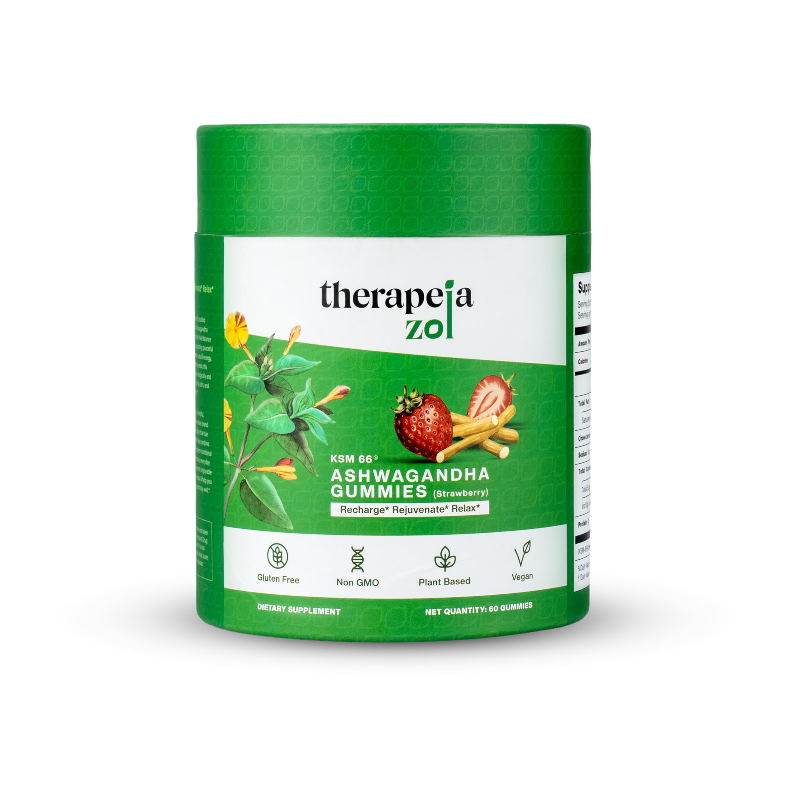 Therapeia Zoi KSM66 gummies bottle in strawberry flavor for daily stress support