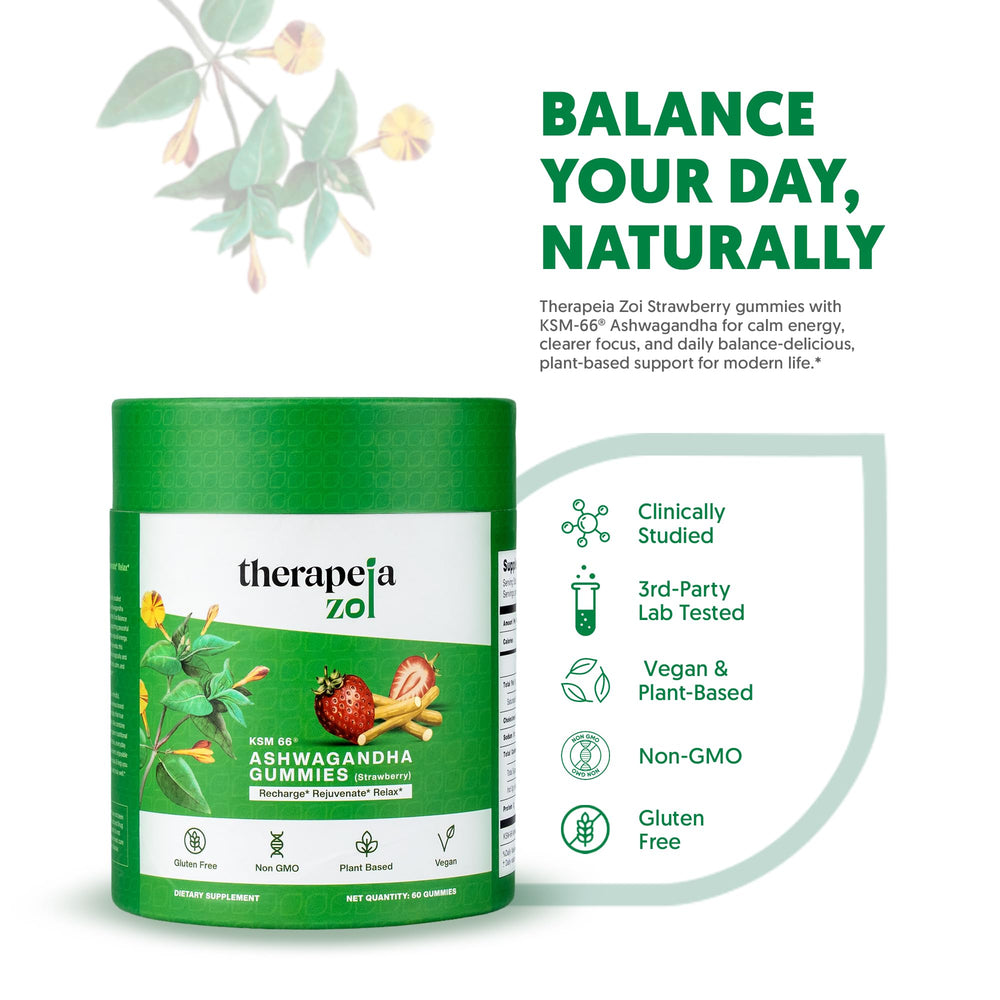 Gummies label highlights vegan, non-GMO, gluten-free ingredients for Therapeia Zoi