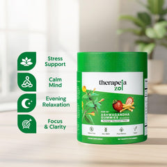 Close-up of Therapeia Zoi KSM66 gummies showing strawberry chewables for daily use