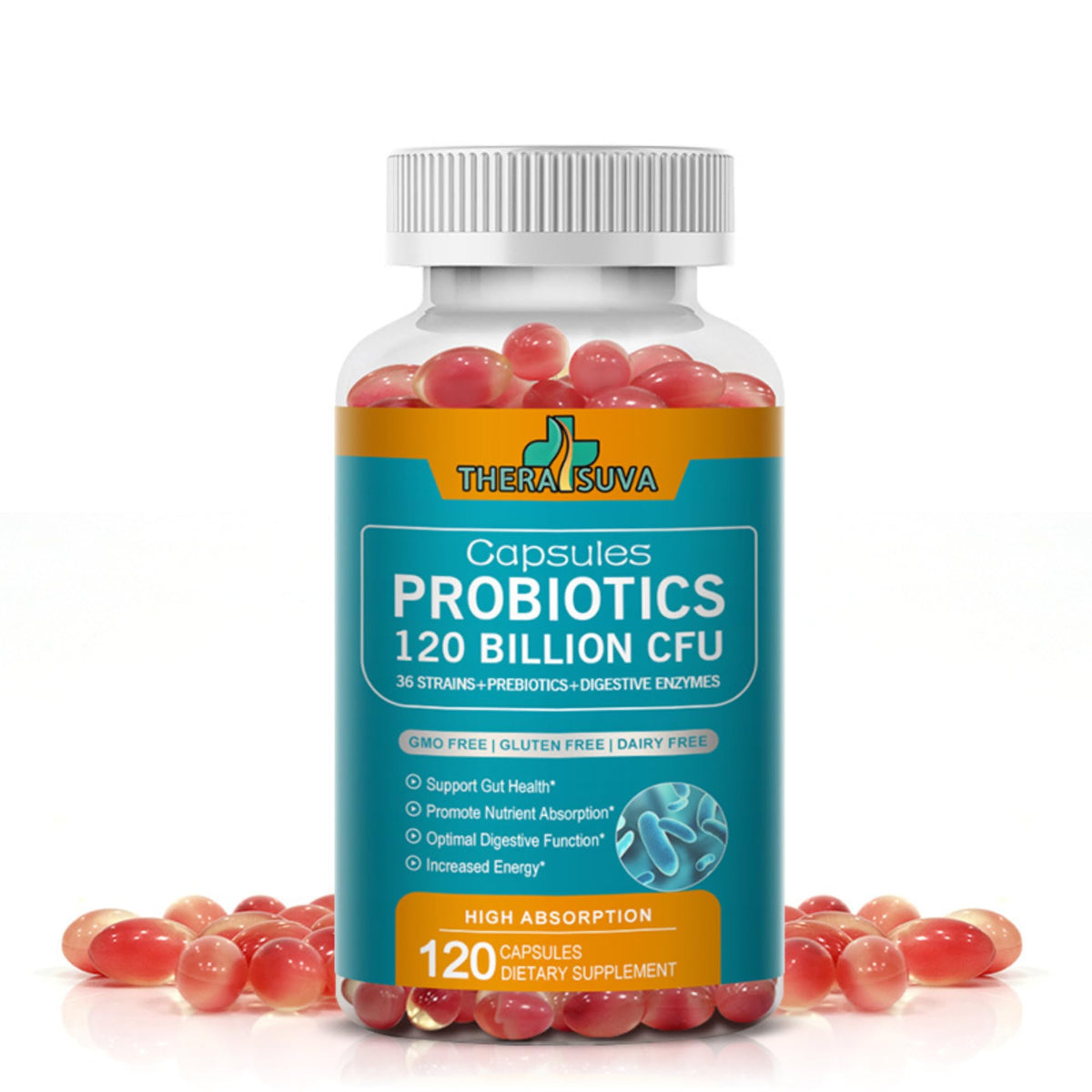 TheraSuva Probiotics bottle shows 120B CFU and 36 strains for gut balance