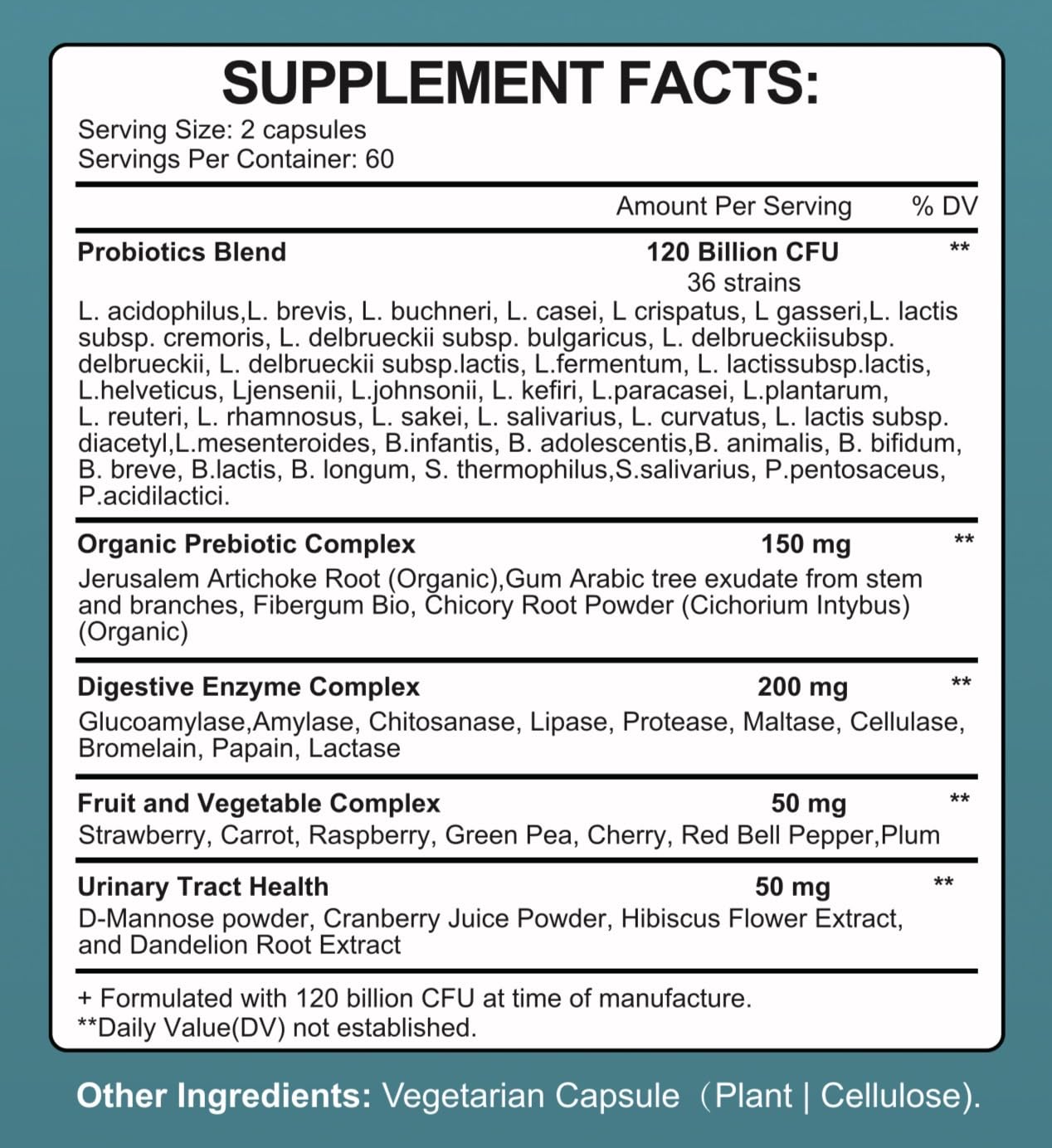 Close-up of TheraSuva label highlights strains and the organic prebiotic blend