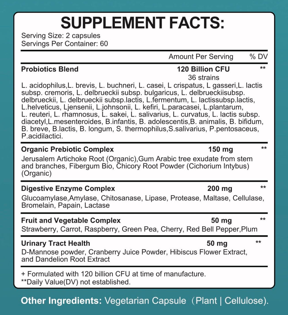 Close-up of TheraSuva label highlights strains and the organic prebiotic blend