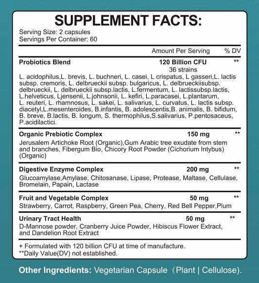 Close-up of TheraSuva label highlights strains and the organic prebiotic blend