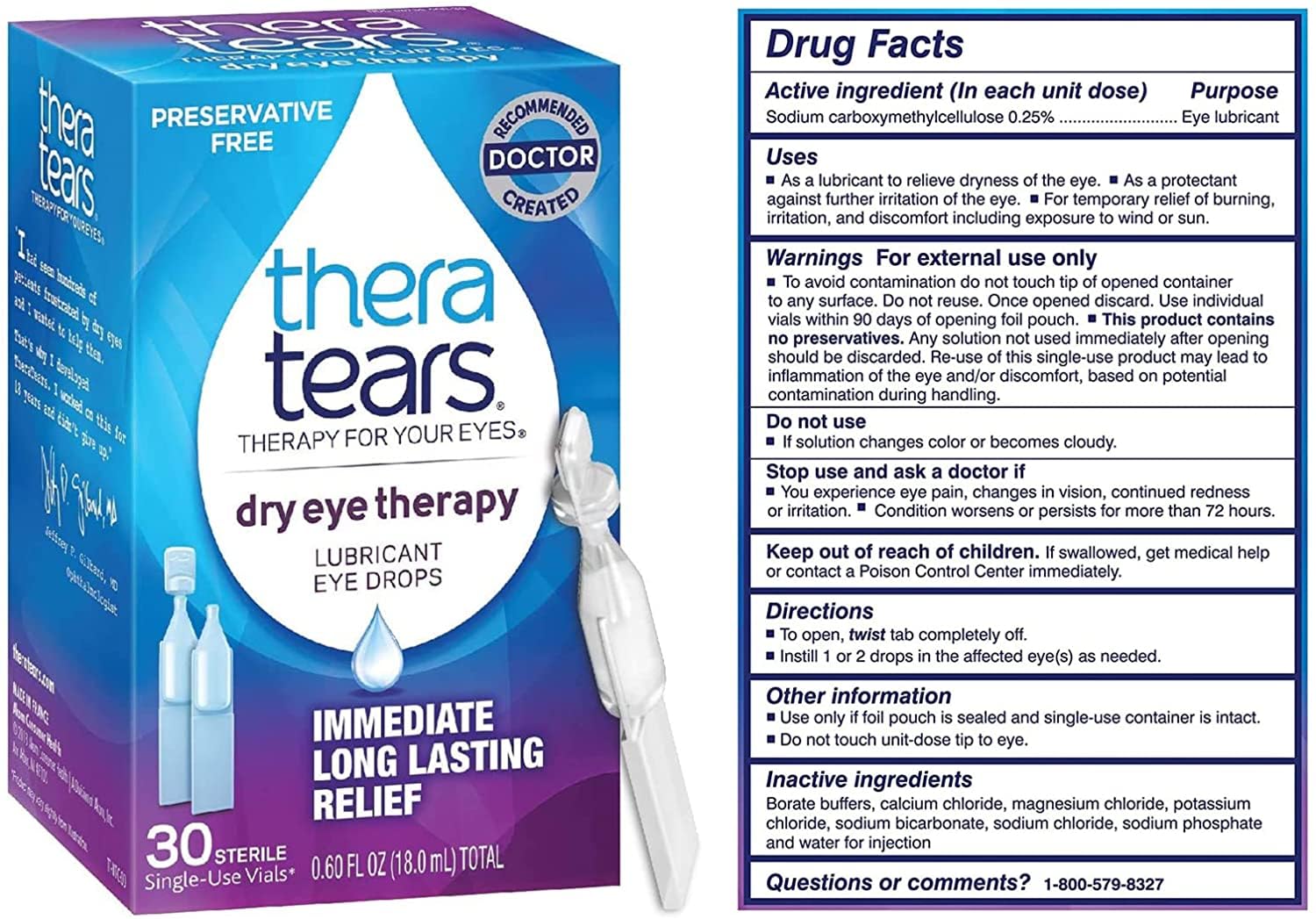 TheraTears dry eye therapy drops package shows preservative-free formula for sensitive eyes