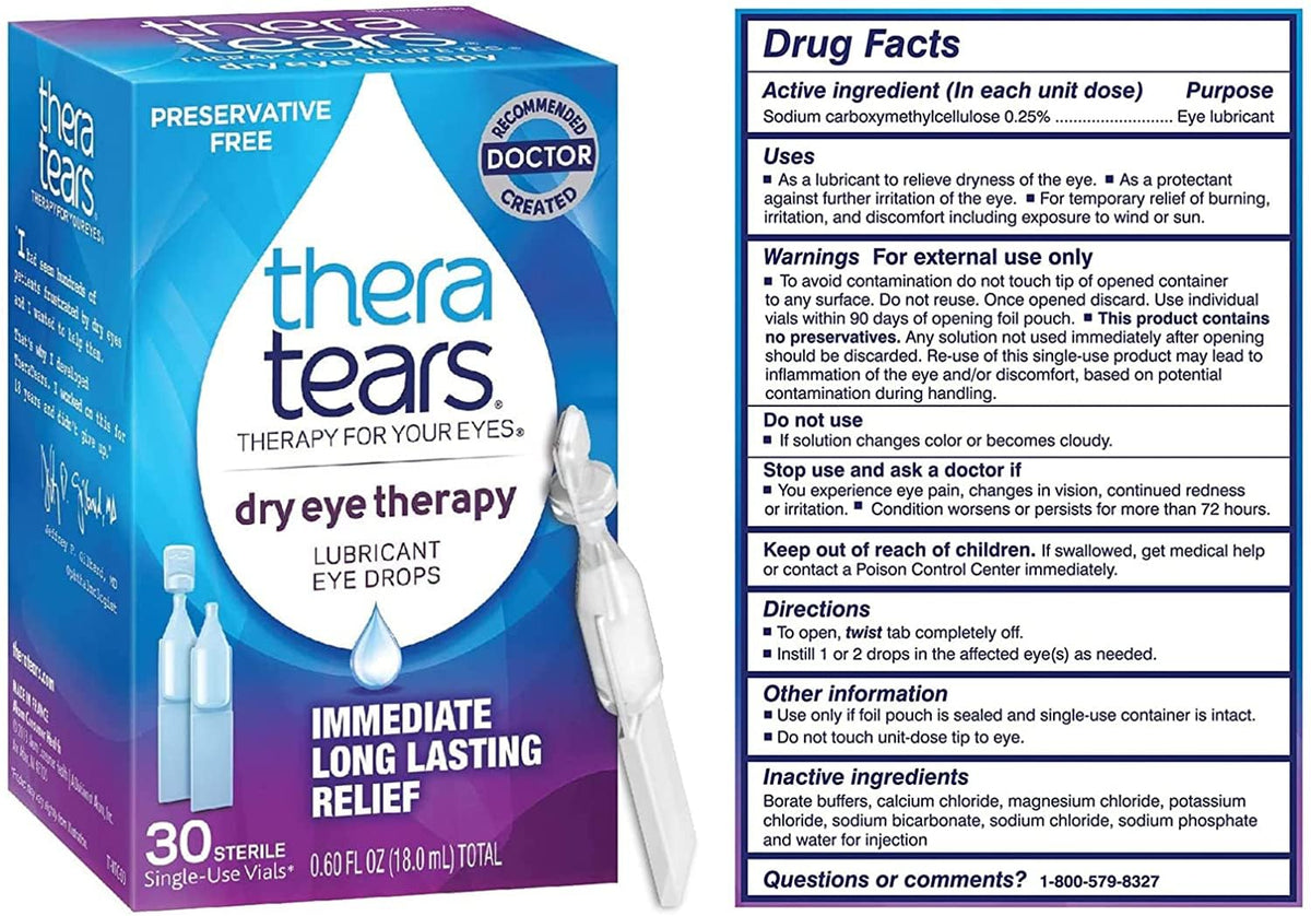 TheraTears dry eye therapy drops package shows preservative-free formula for sensitive eyes