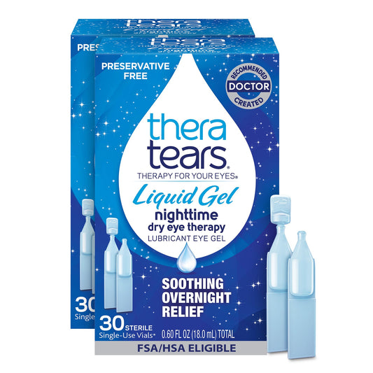 TheraTears Nighttime liquid gel eye drops in vials for overnight hydration and comfort.