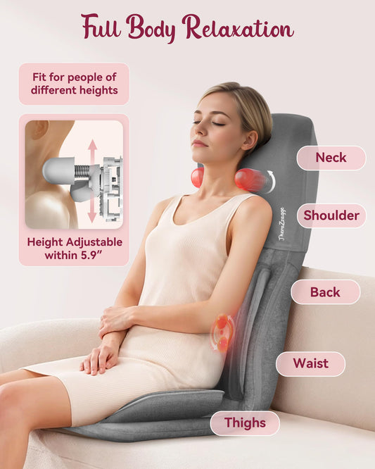 THERAZZAGGE back massage with heat provides soothing warmth across the back.