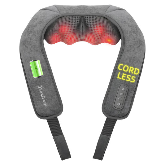 THERAZZAGGE cordless neck massager in use for portable relief at home or office
