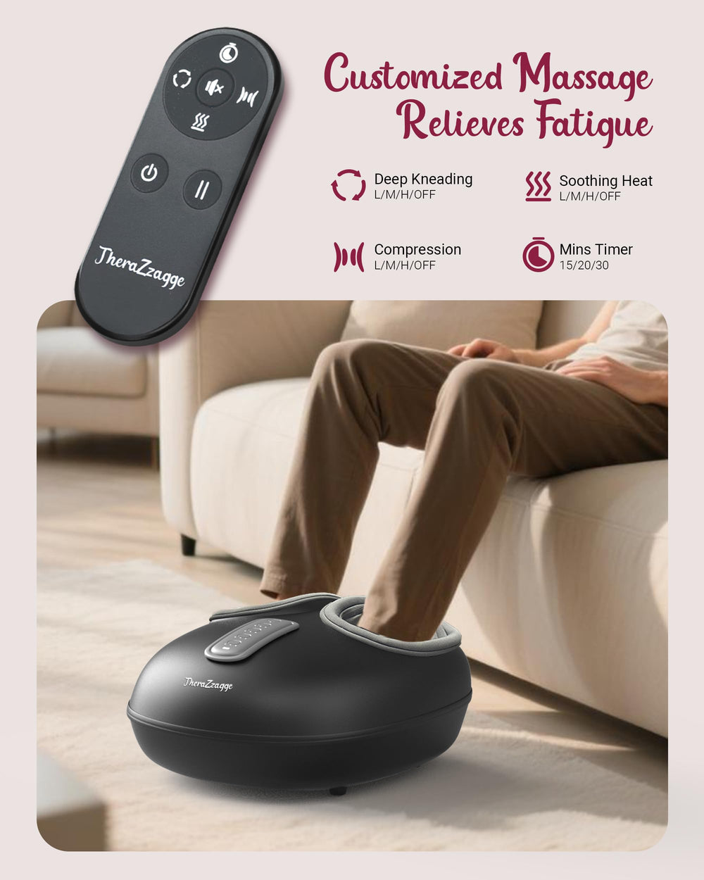 THERAZZAGGE remote control enables easy massage adjustments from a seated position.