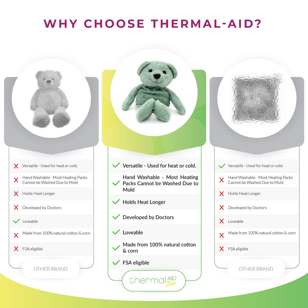 Thermal-Aid Hunter the Green Bear chills in the freezer for cold therapy.