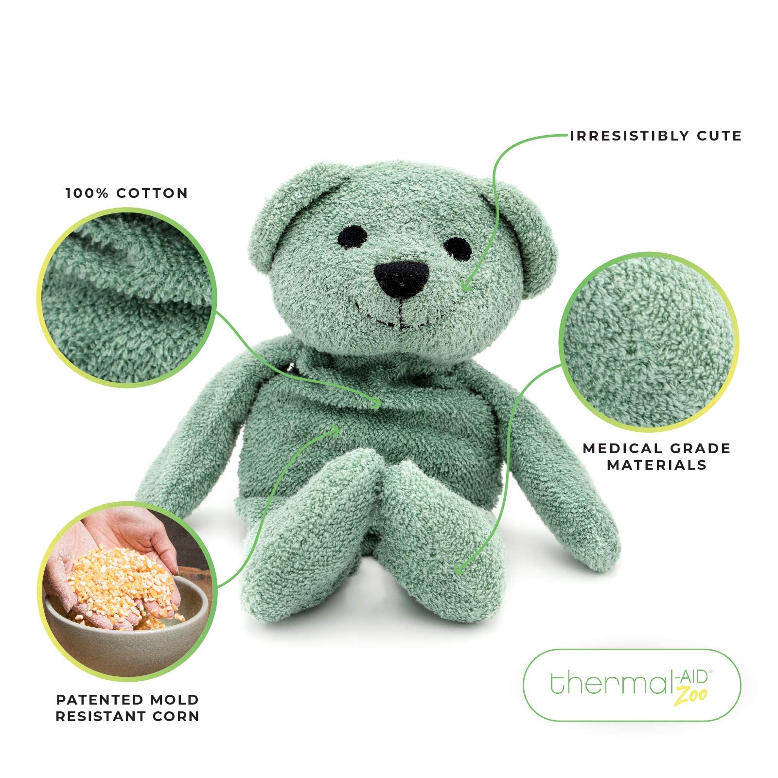 Thermal-Aid Hunter the Green Bear warms quickly in the microwave for comforting heat.