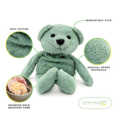 Thermal-Aid Hunter the Green Bear warms quickly in the microwave for comforting heat.