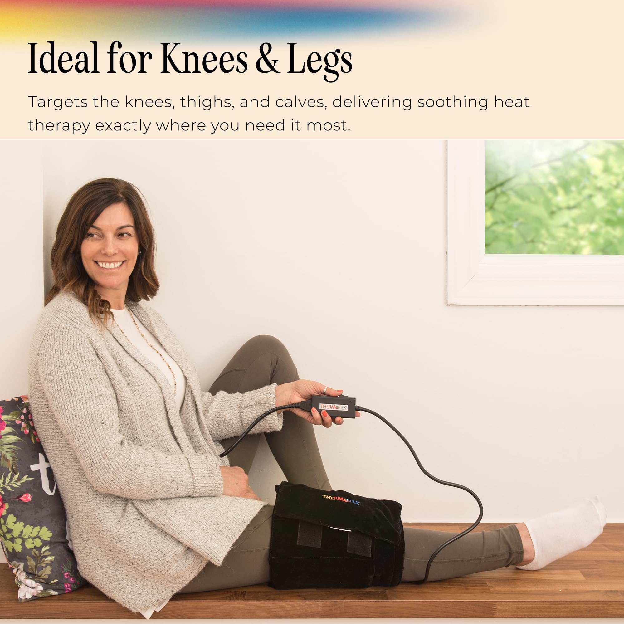Thermotex knee pad wrap design for easy use at home.