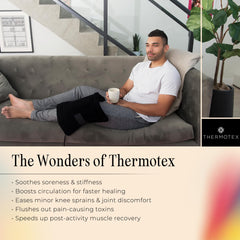 Thermotex knee pad offers knee thigh calf coverage for comprehensive pain relief and recovery.