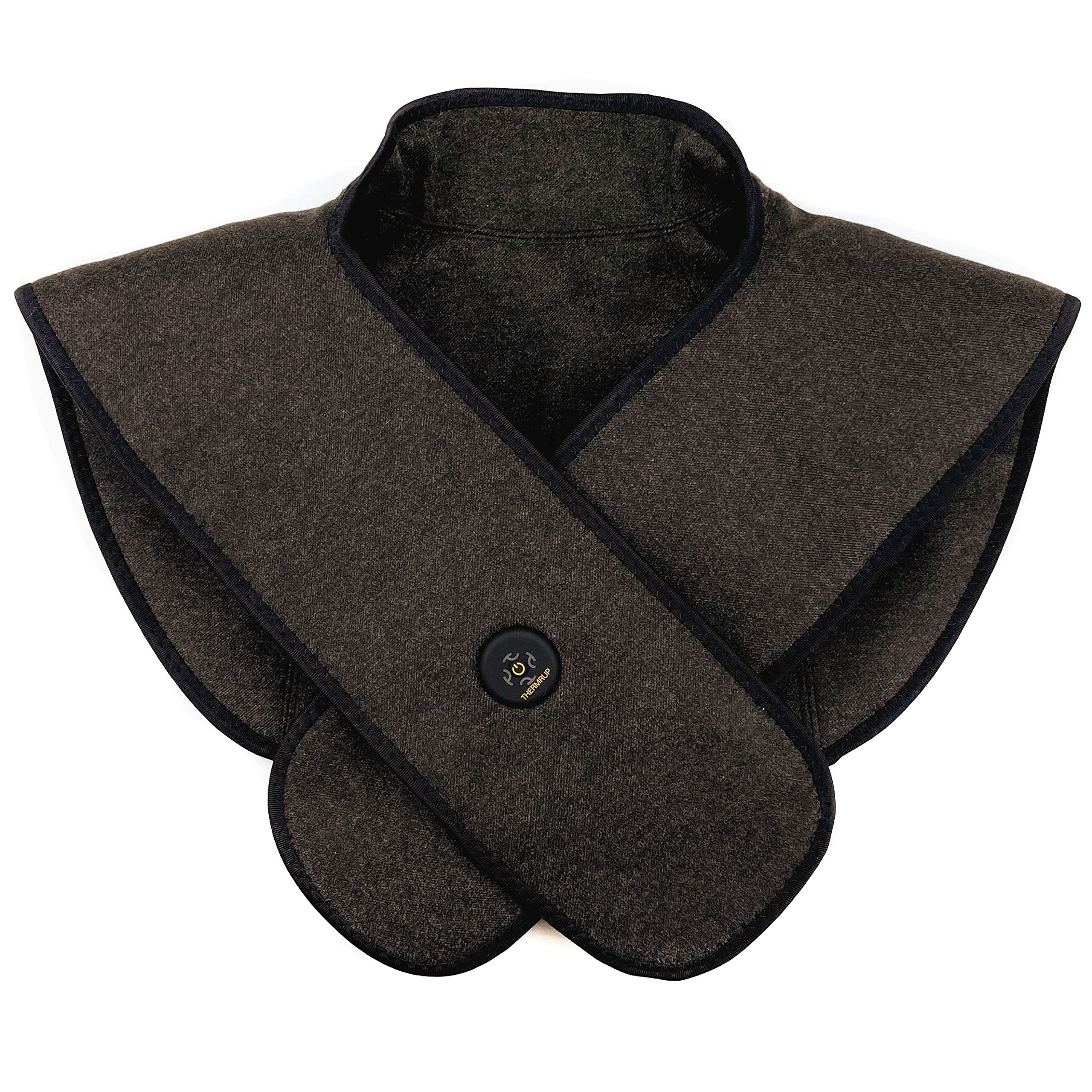 Thermrup neck and shoulder heating pad in use provides targeted warmth.