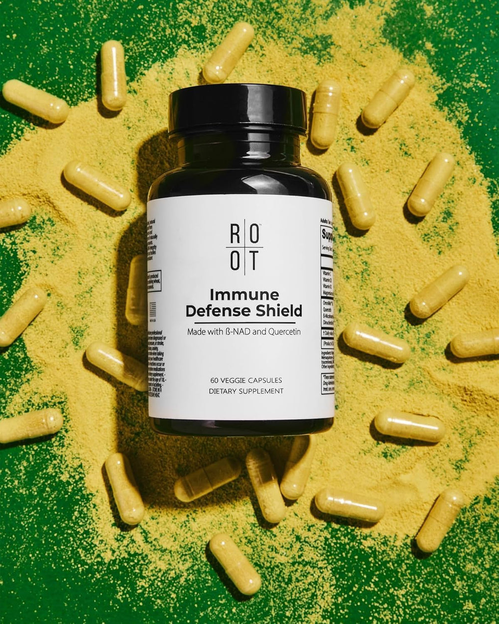 TheRootBrands Root Wellness Immune quercetin label emphasizes flavonoid content for resilience.