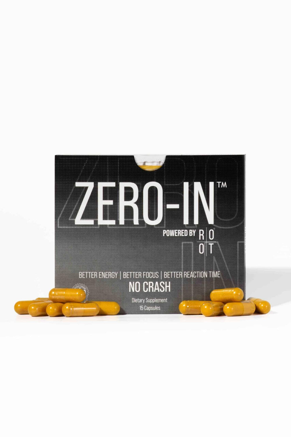 THEROOTBRANDS Zero-In capsule close-up highlights turmeric and pine bark ingredients for flexible dosing