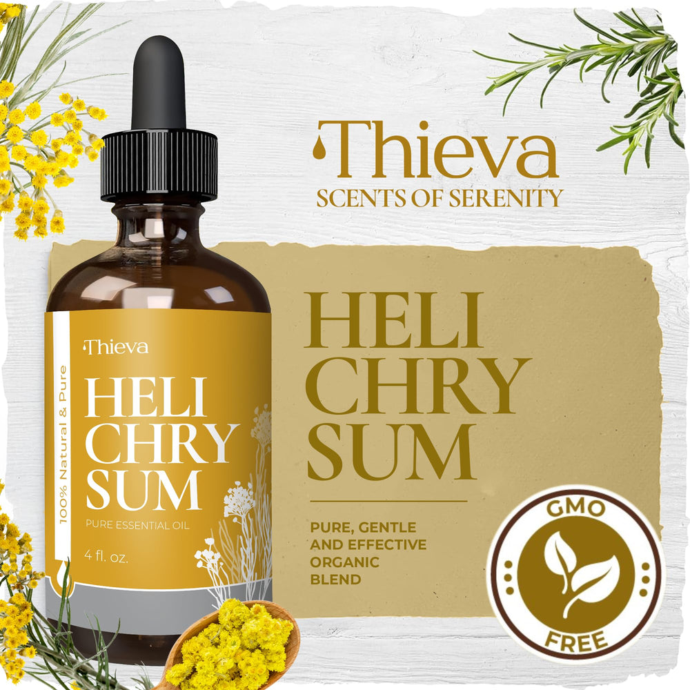THIEVA Helichrysum packaging highlights eco-conscious, non-GMO purity.