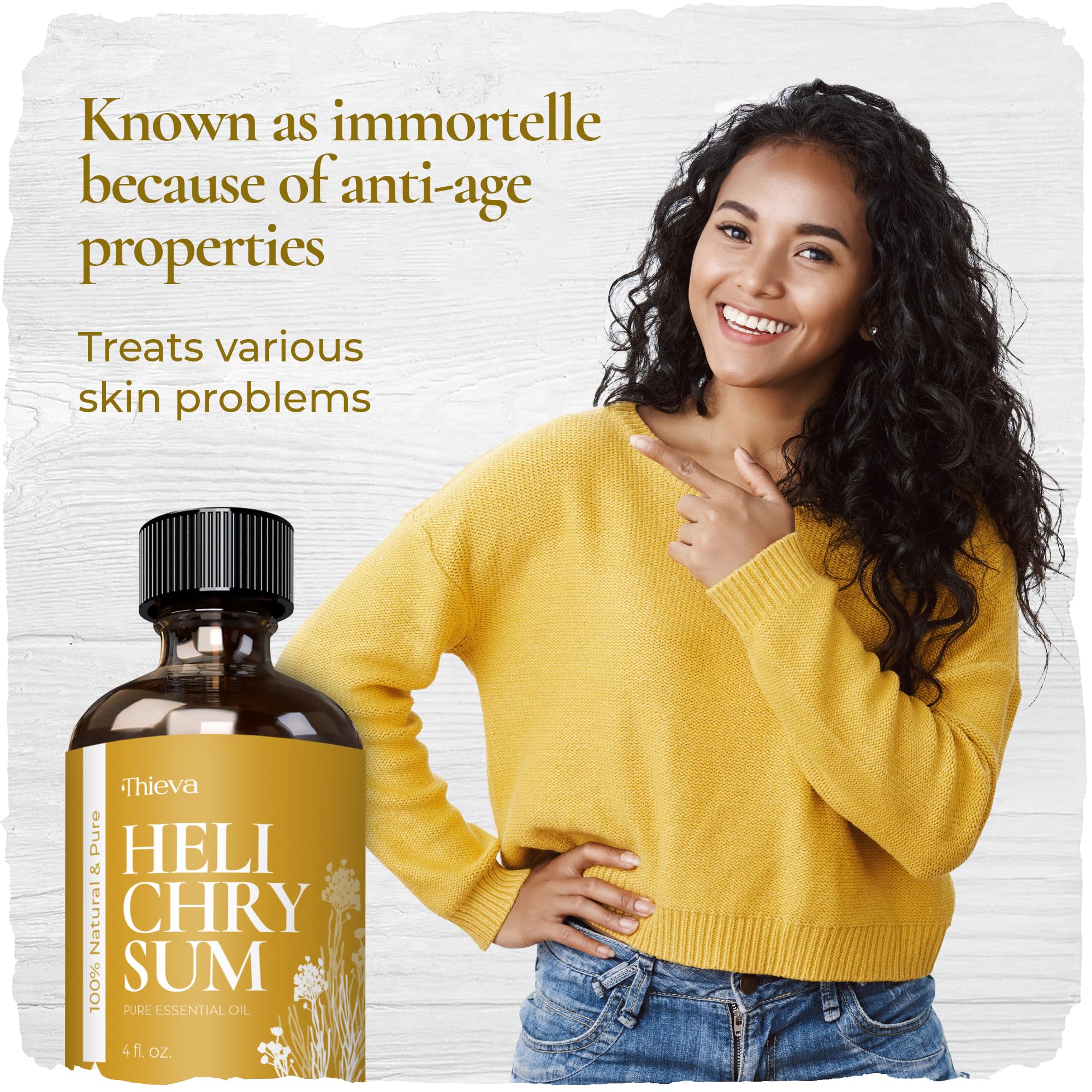 THIEVA Helichrysum GC/MS purity badge indicating tested potency.