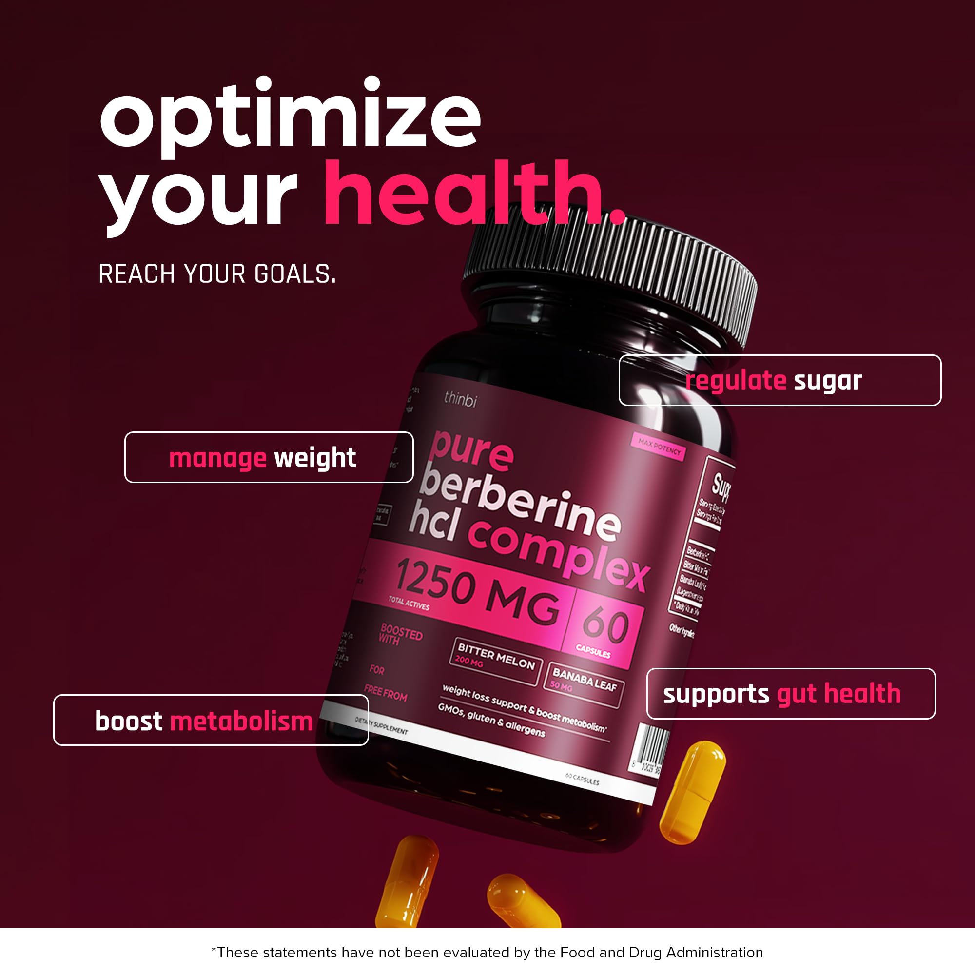 THINBI Berberine capsules closeup highlights the potent 1250mg formula.