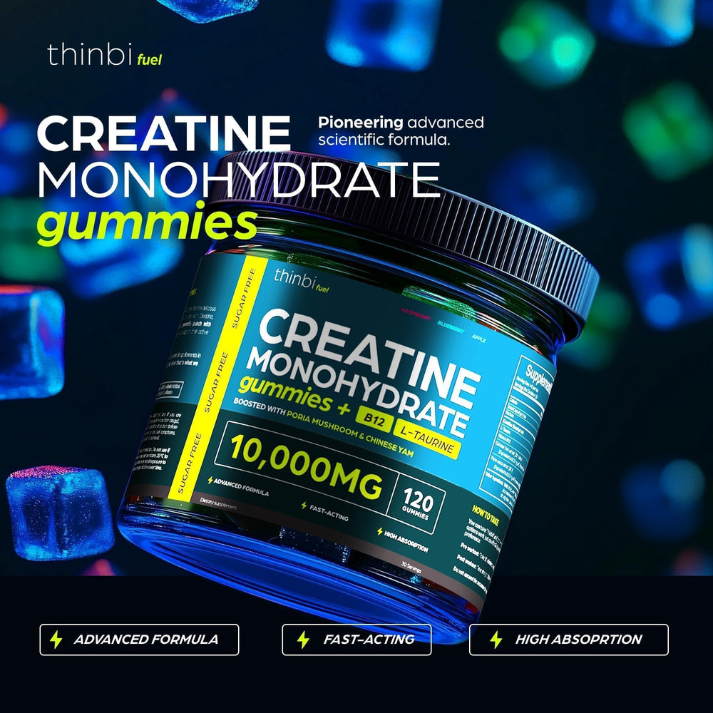 Thinbi Creatine Gummies close-up; chewy texture and energy-boosting potential.