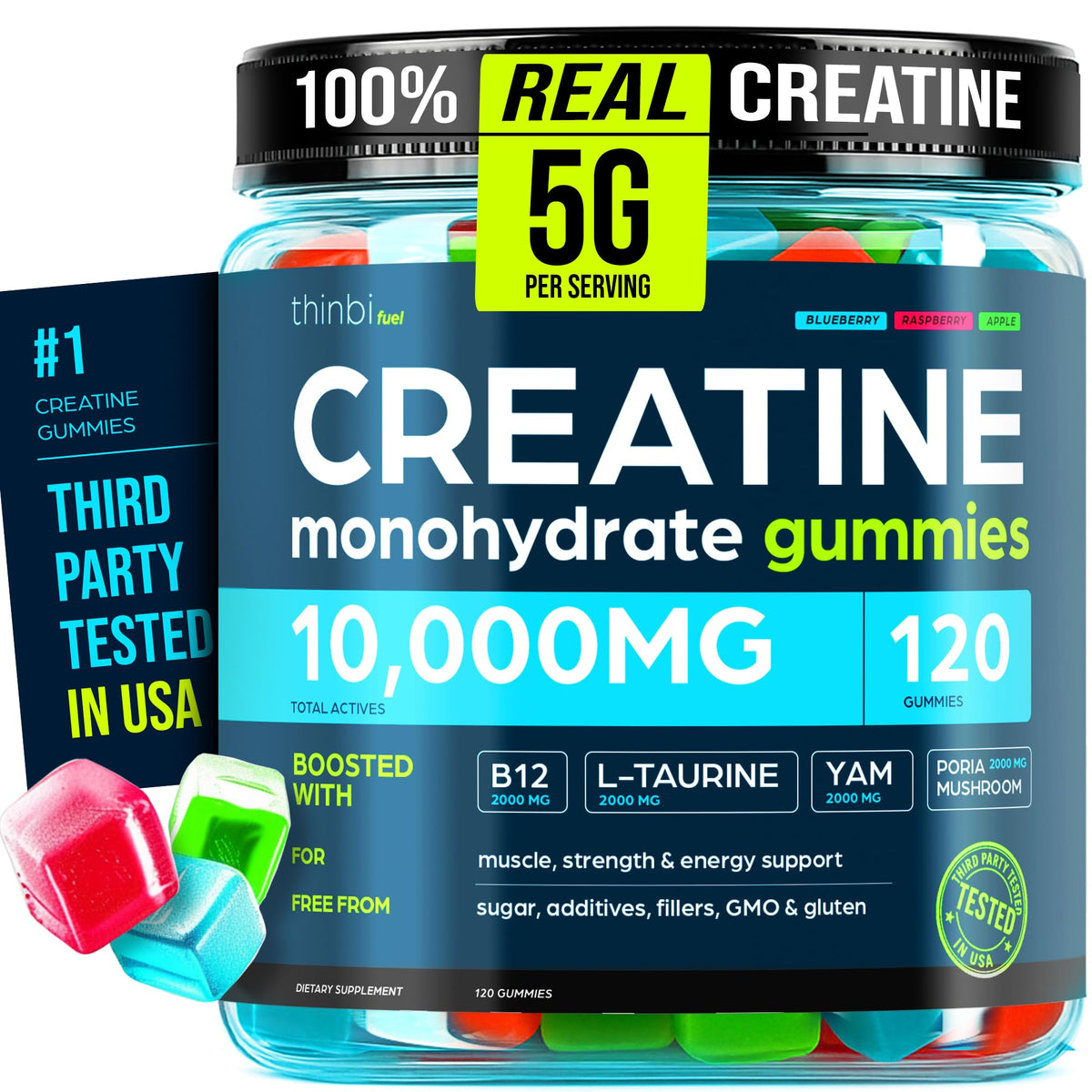 Thinbi Creatine Gummies monohydrate bottle; convenient muscle support for workouts.